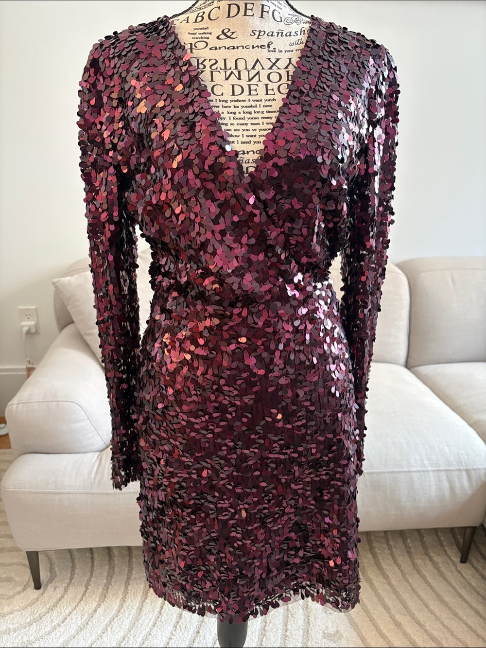 Mango Long-Sleeve Sequin Wrap Dress in Wine Pink